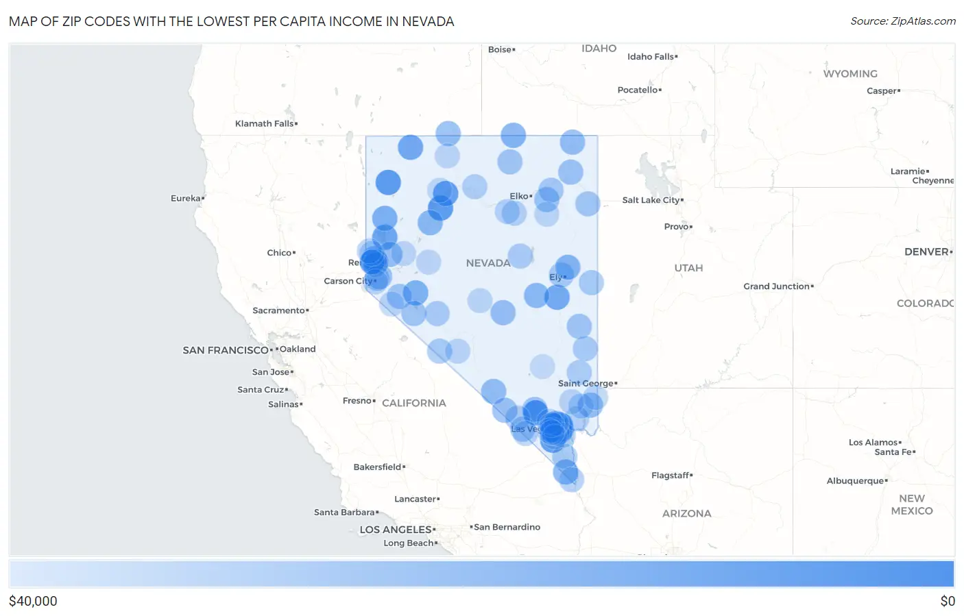 Zip Codes with the Lowest Per Capita Income in Nevada Map