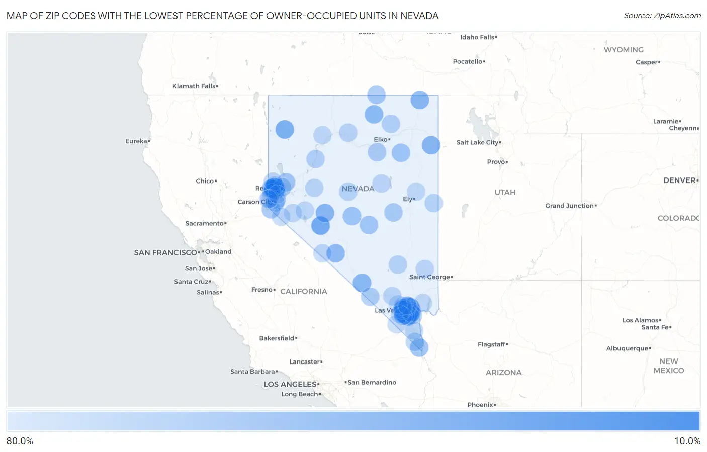 Zip Codes with the Lowest Percentage of Owner-Occupied Units in Nevada Map