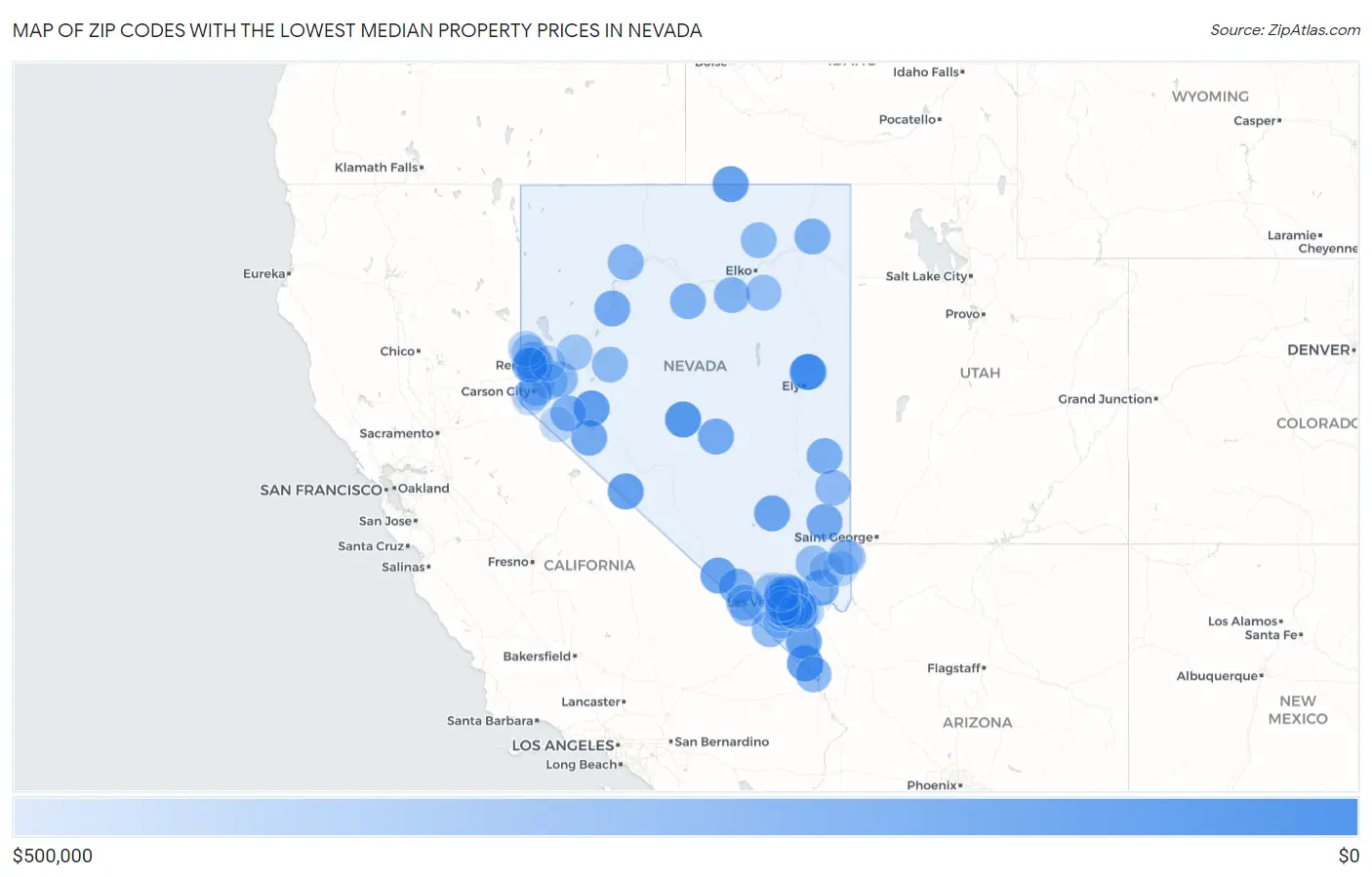 Zip Codes with the Lowest Median Property Prices in Nevada Map