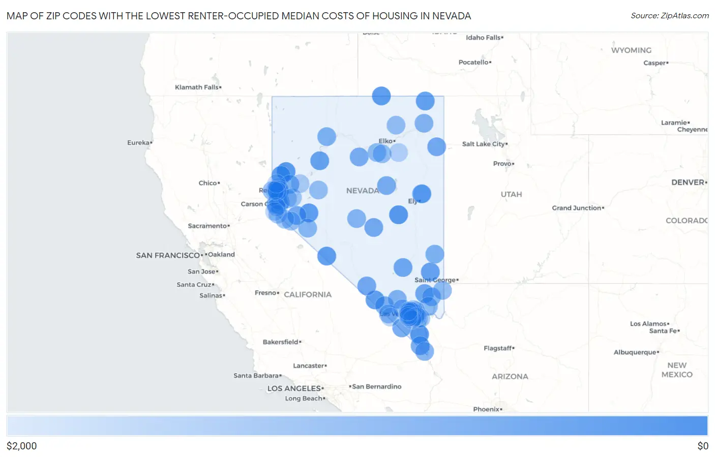 Zip Codes with the Lowest Renter-Occupied Median Costs of Housing in Nevada Map