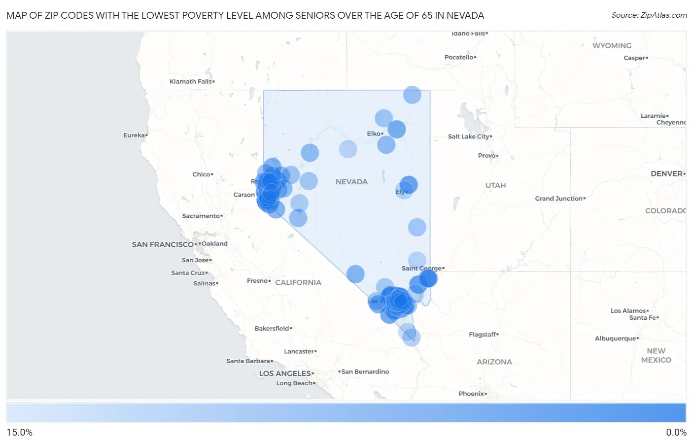 Zip Codes with the Lowest Poverty Level Among Seniors Over the Age of 65 in Nevada Map