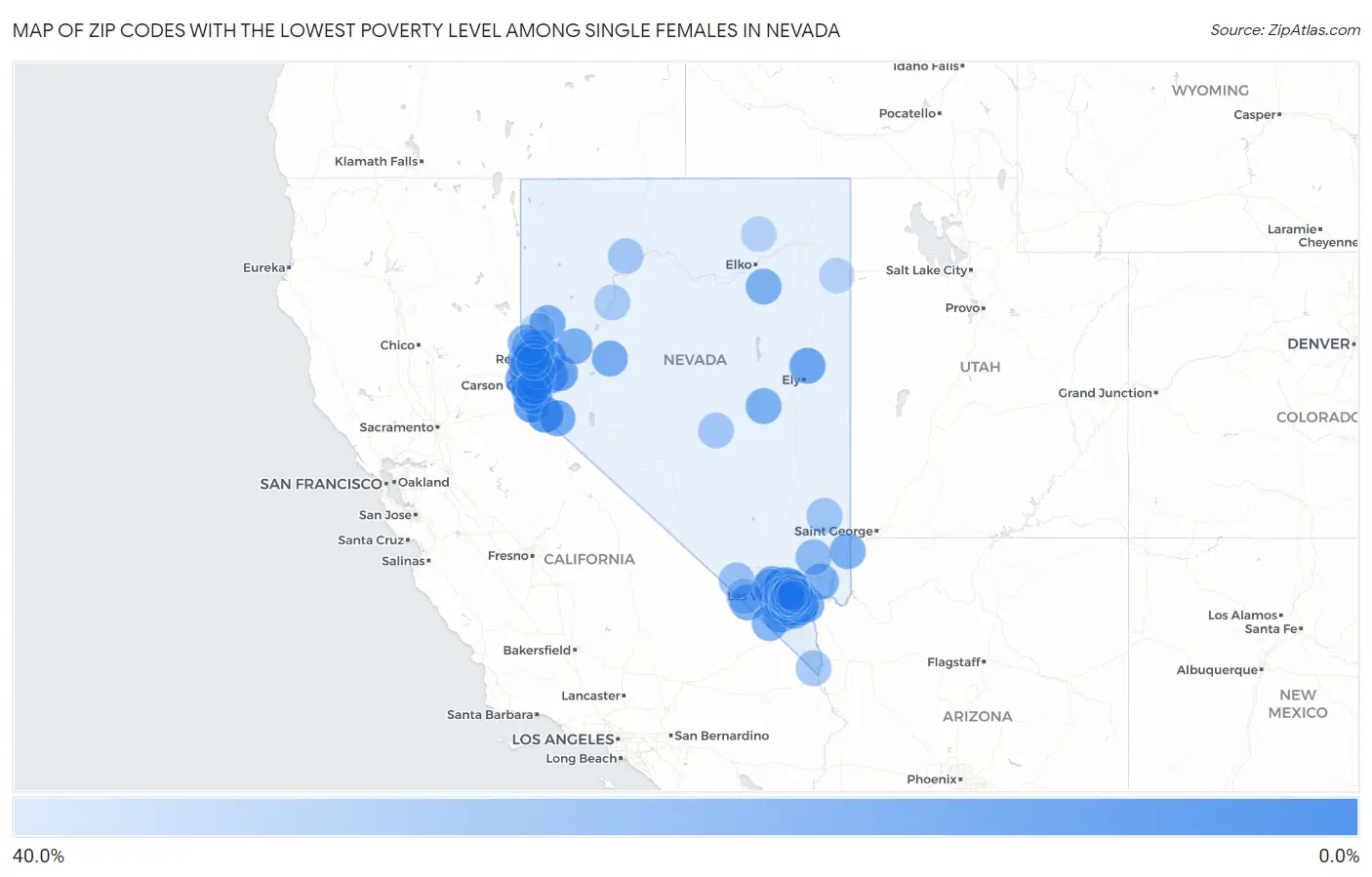 Zip Codes with the Lowest Poverty Level Among Single Females in Nevada Map