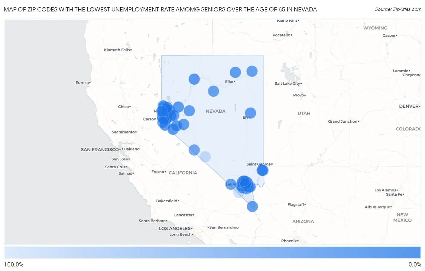 Zip Codes with the Lowest Unemployment Rate Amomg Seniors Over the Age of 65 in Nevada Map