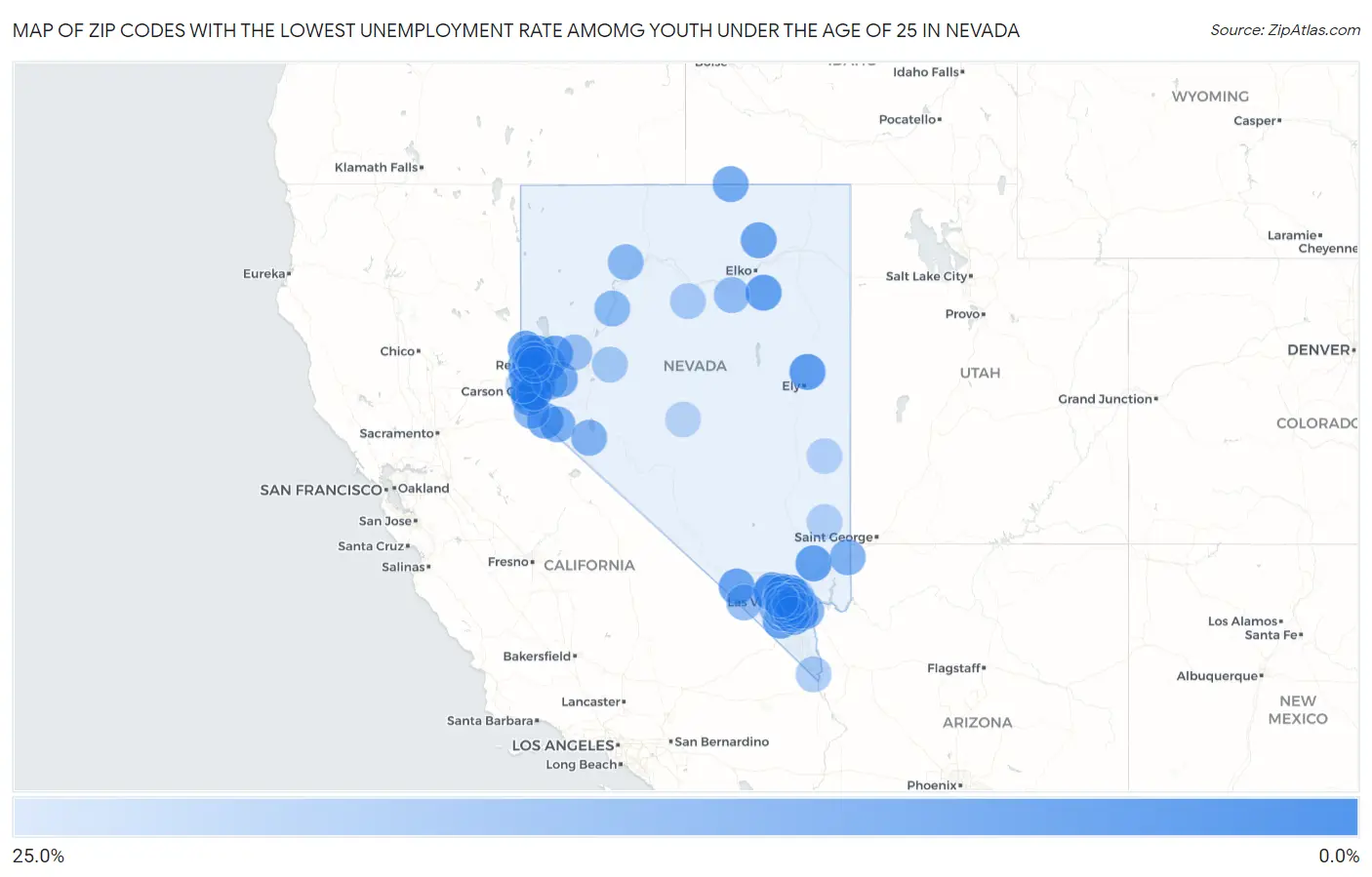 Zip Codes with the Lowest Unemployment Rate Amomg Youth Under the Age of 25 in Nevada Map