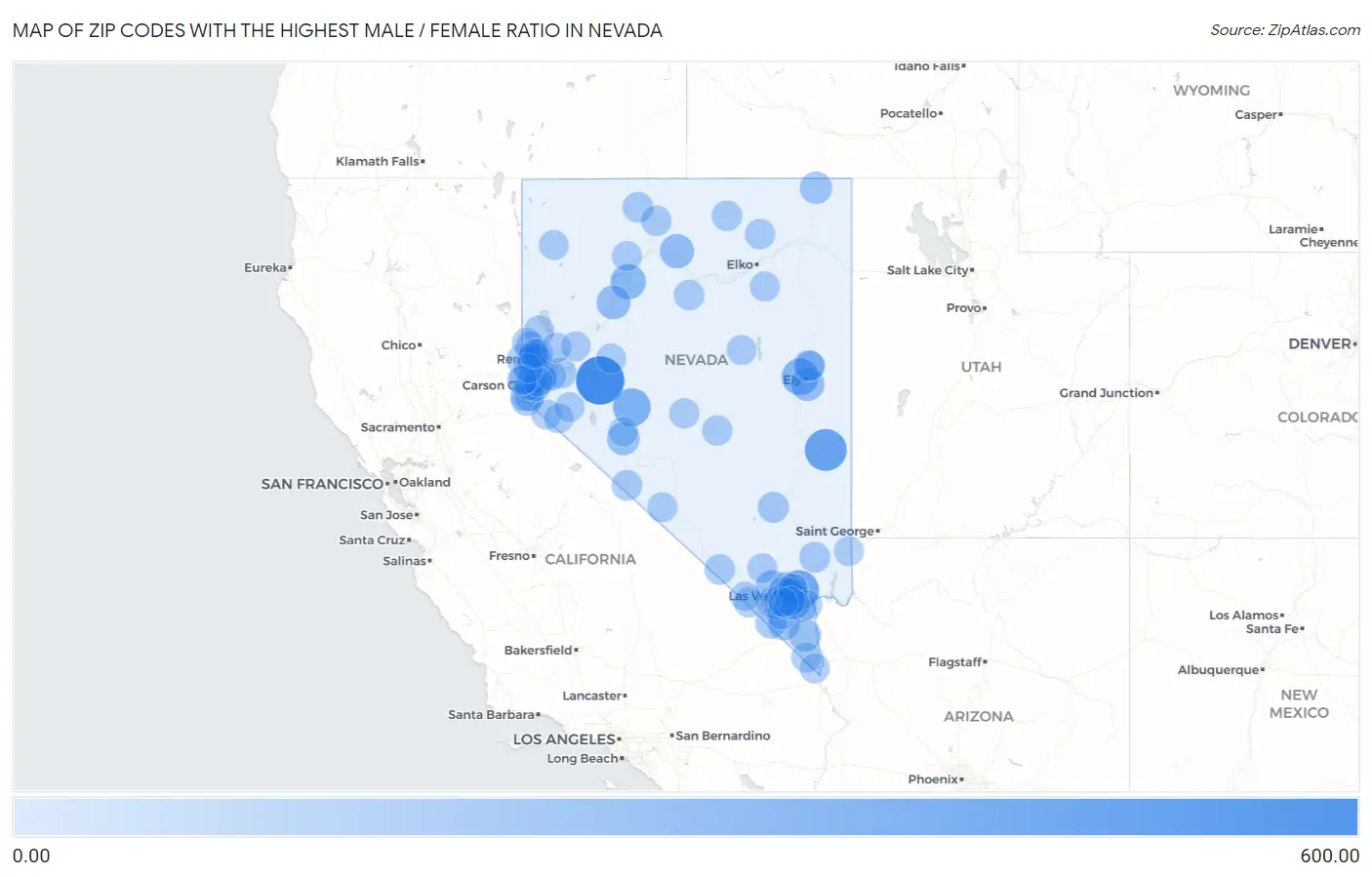 Zip Codes with the Highest Male / Female Ratio in Nevada Map