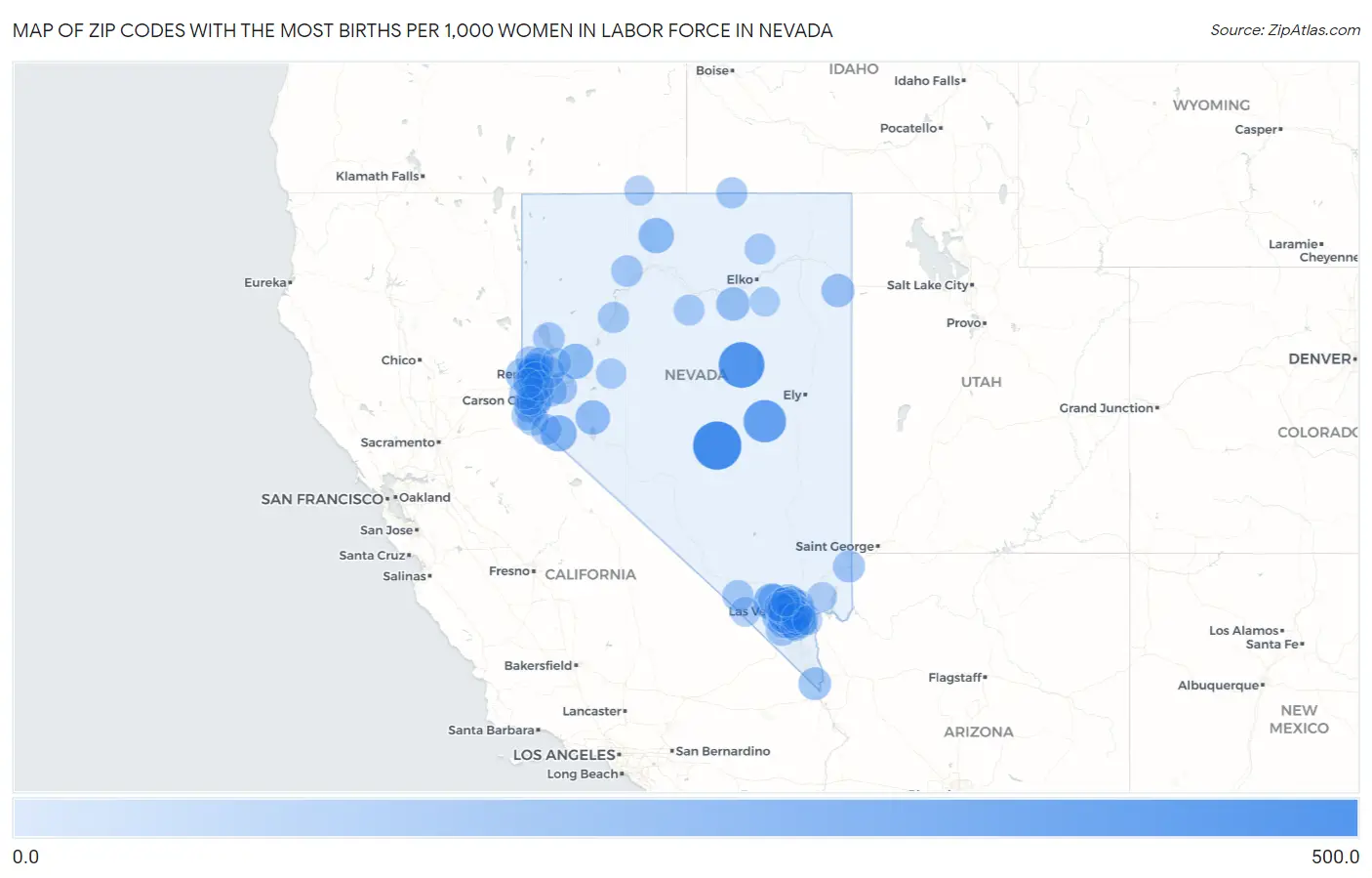 Zip Codes with the Most Births per 1,000 Women in Labor Force in Nevada Map