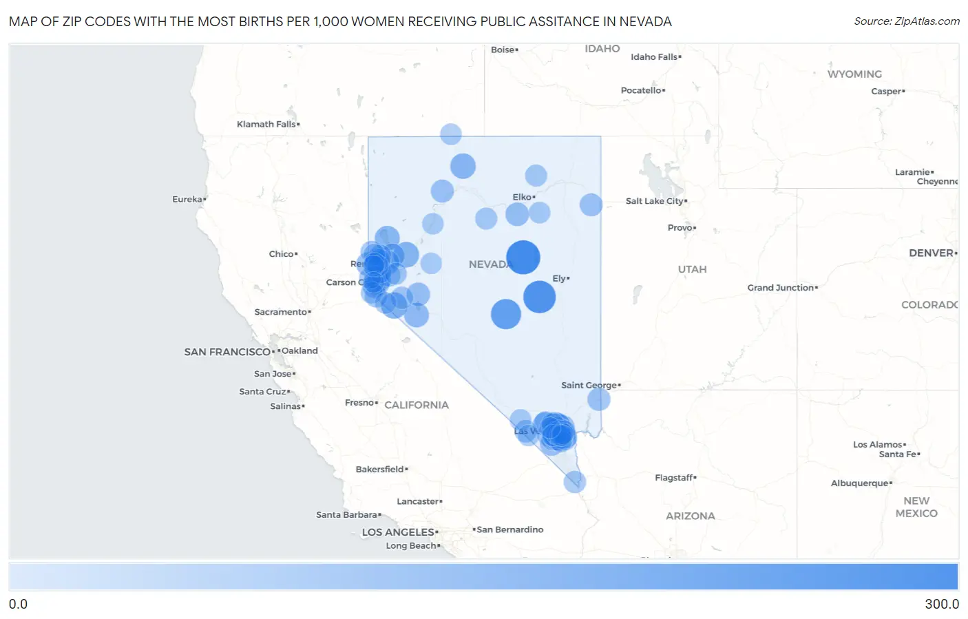Zip Codes with the Most Births per 1,000 Women Receiving Public Assitance in Nevada Map