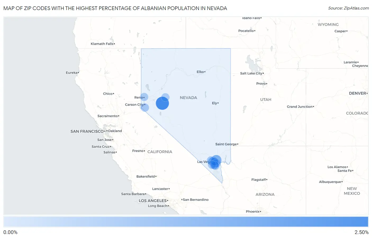 Zip Codes with the Highest Percentage of Albanian Population in Nevada Map