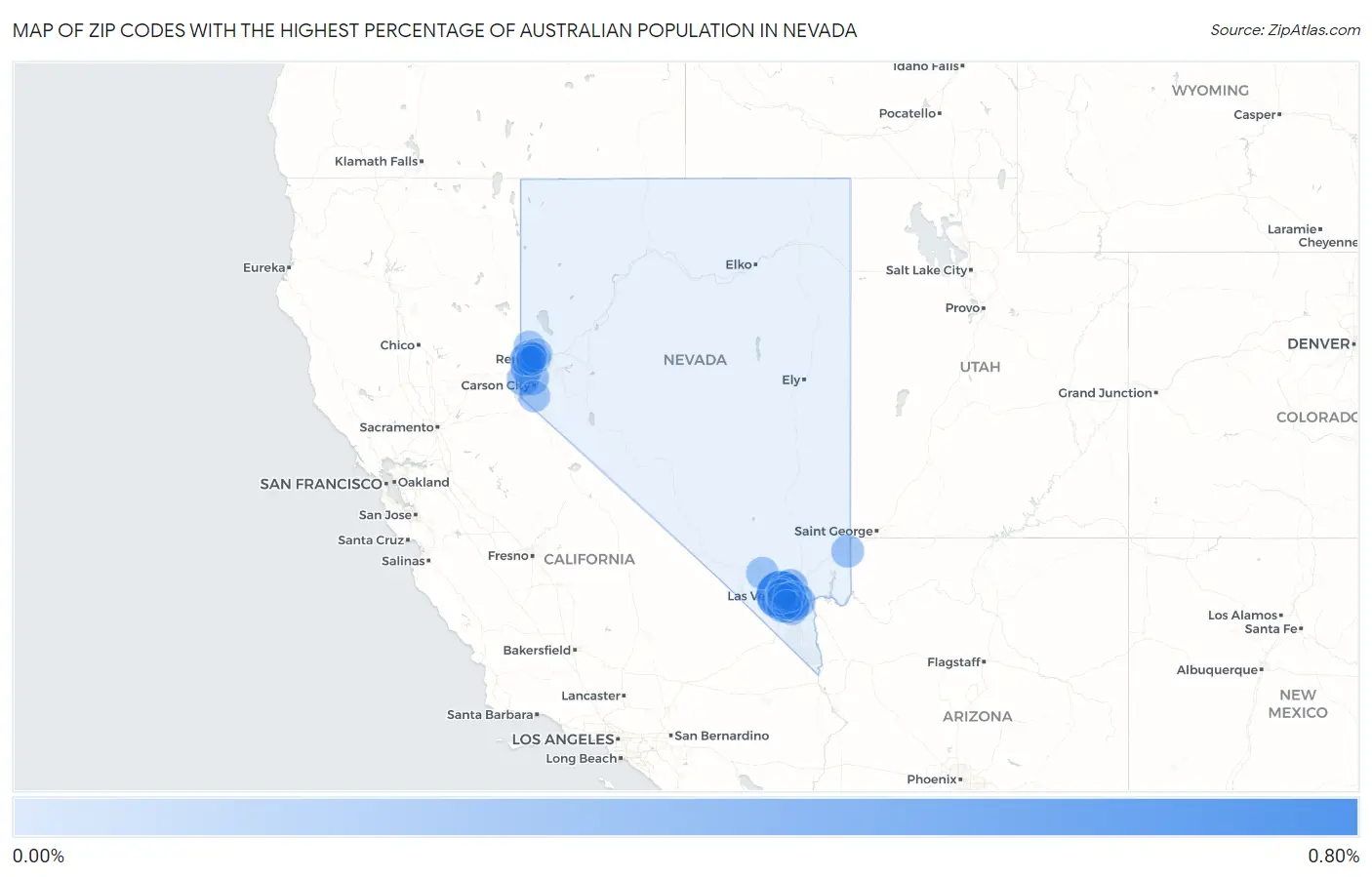 Zip Codes with the Highest Percentage of Australian Population in Nevada Map