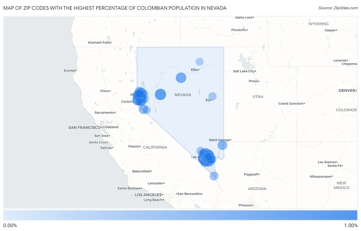 Zip Codes with the Highest Percentage of Colombian Population in Nevada Map