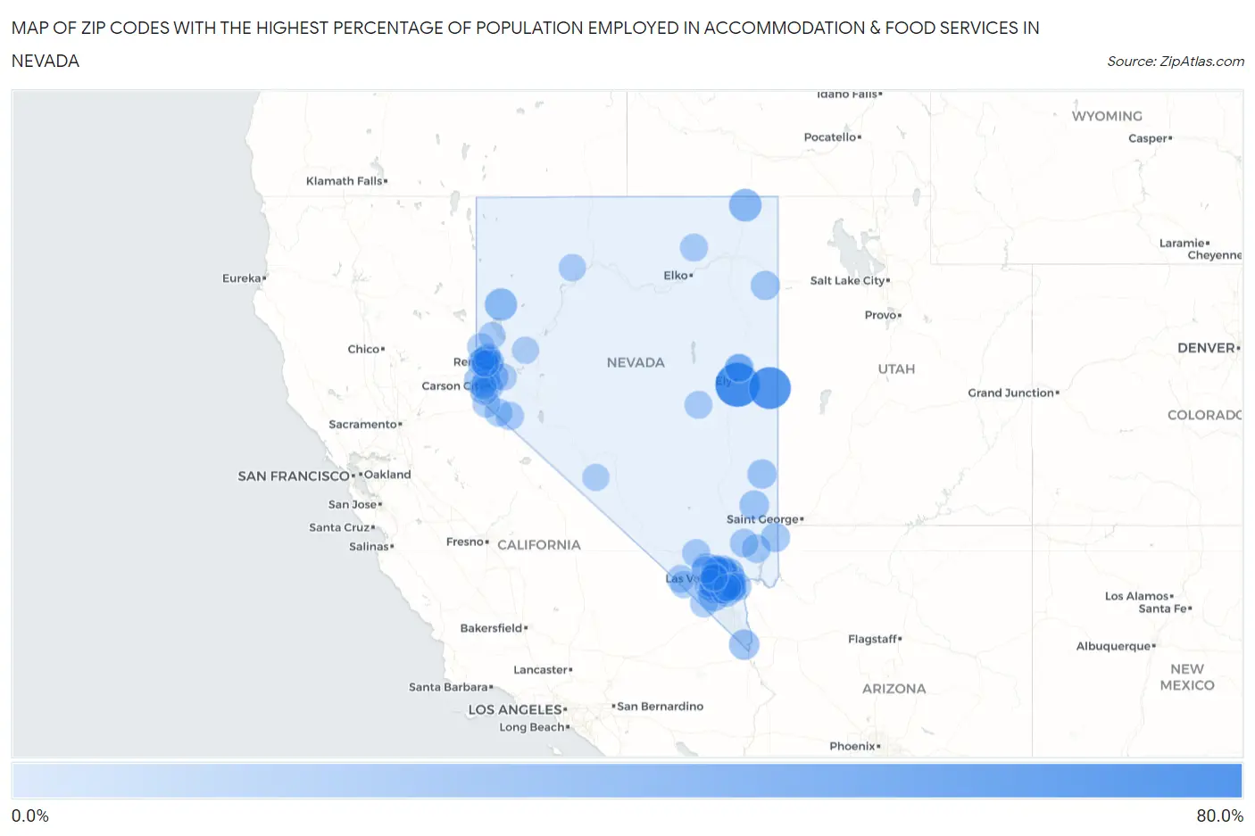 Zip Codes with the Highest Percentage of Population Employed in Accommodation & Food Services in Nevada Map