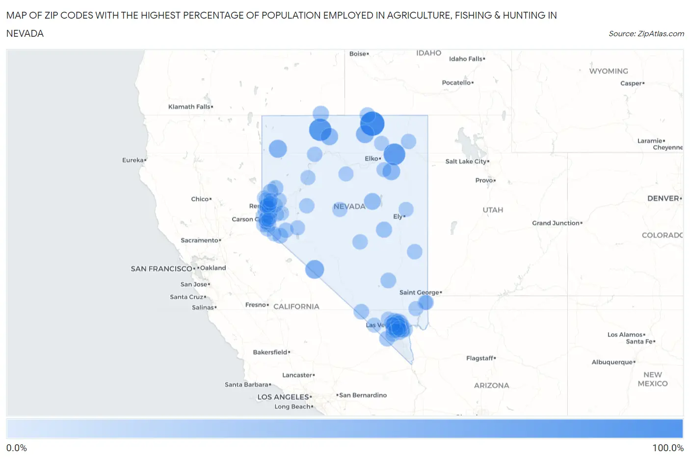 Zip Codes with the Highest Percentage of Population Employed in Agriculture, Fishing & Hunting in Nevada Map
