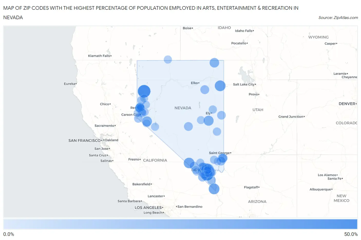 Zip Codes with the Highest Percentage of Population Employed in Arts, Entertainment & Recreation in Nevada Map