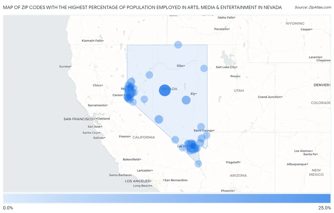 Zip Codes with the Highest Percentage of Population Employed in Arts, Media & Entertainment in Nevada Map