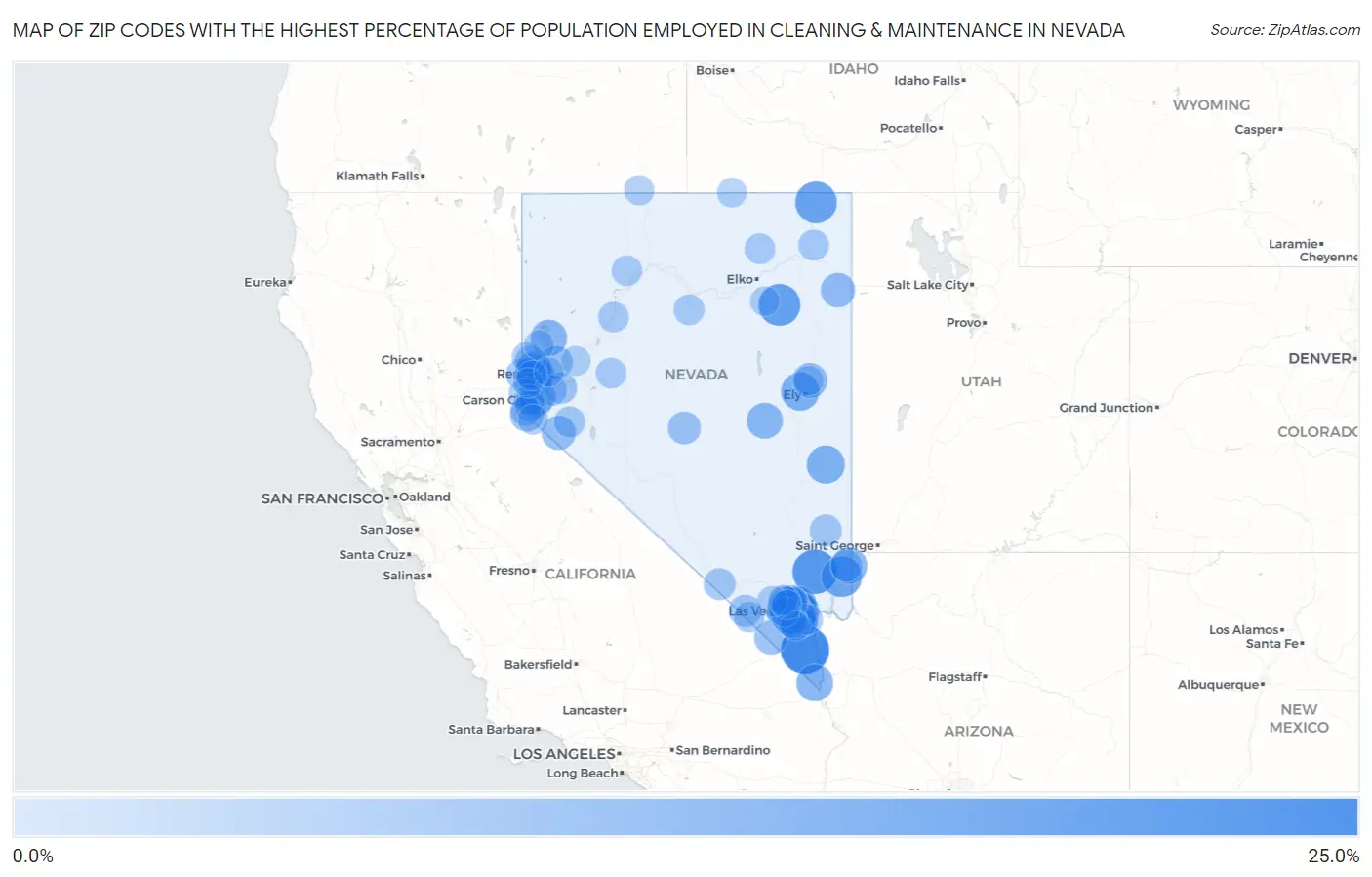 Zip Codes with the Highest Percentage of Population Employed in Cleaning & Maintenance in Nevada Map