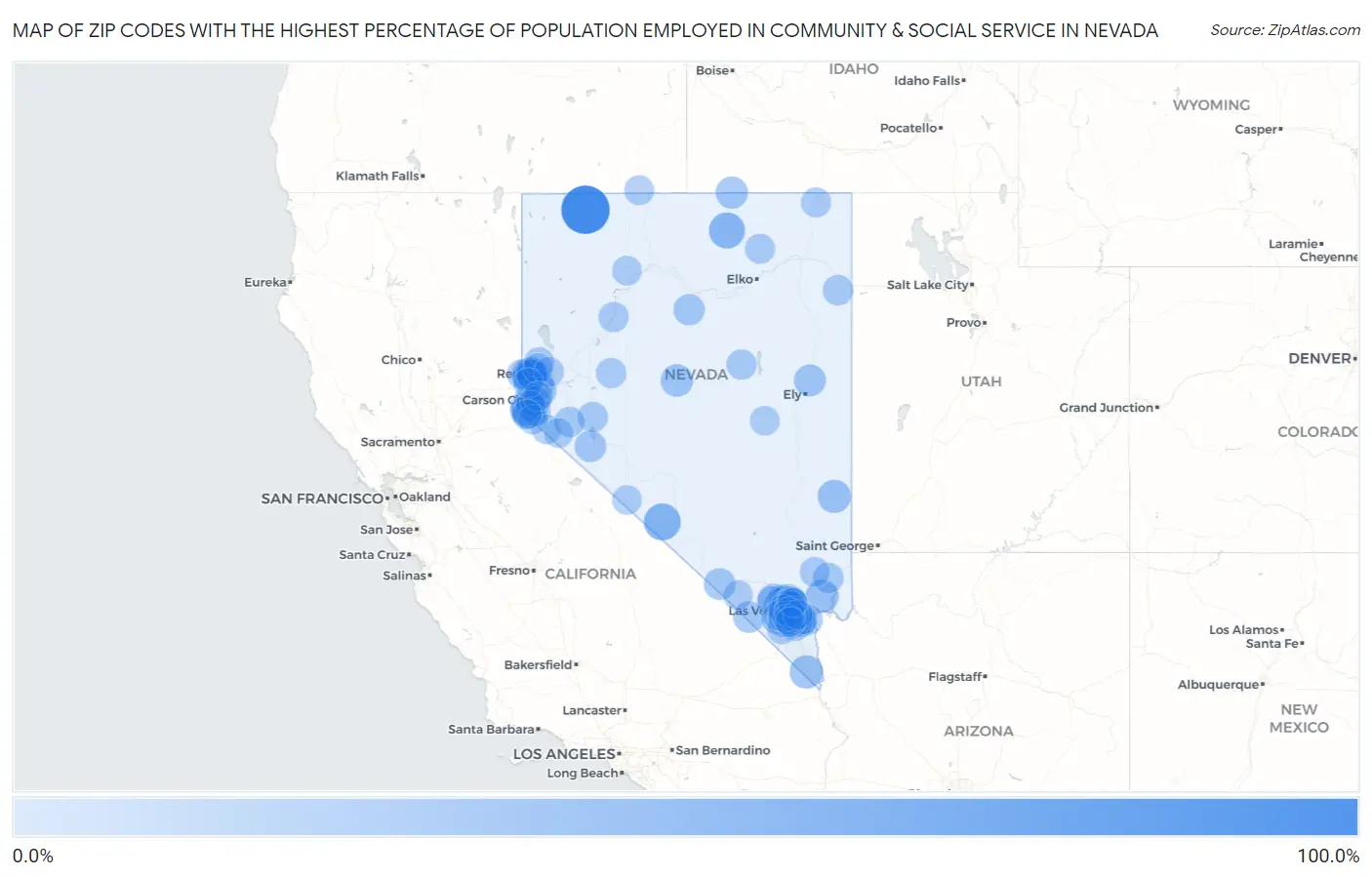 Zip Codes with the Highest Percentage of Population Employed in Community & Social Service  in Nevada Map