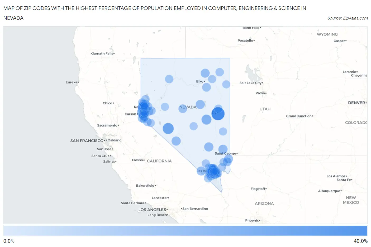 Zip Codes with the Highest Percentage of Population Employed in Computer, Engineering & Science in Nevada Map