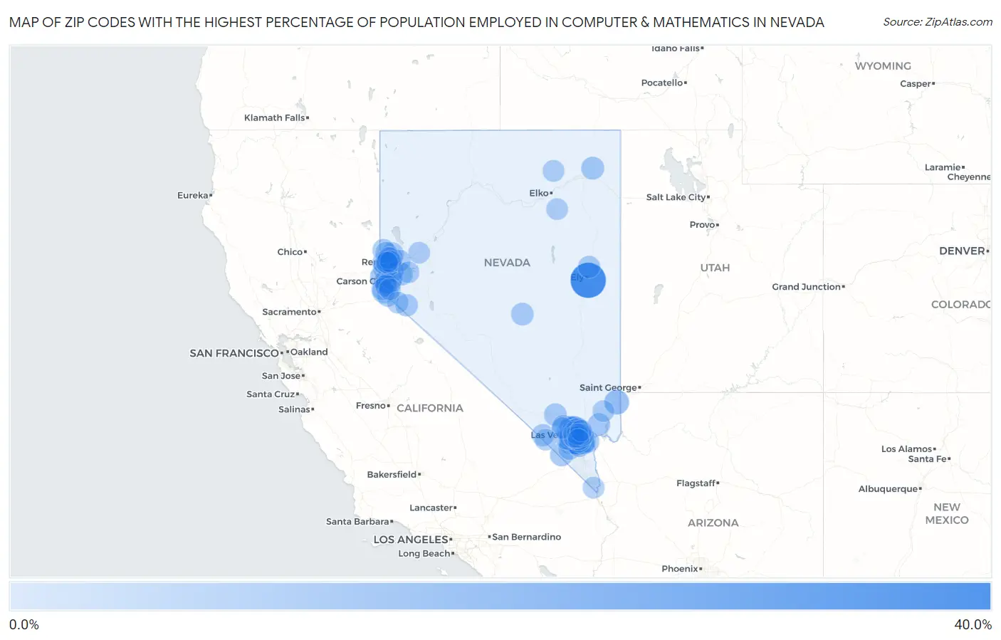 Zip Codes with the Highest Percentage of Population Employed in Computer & Mathematics in Nevada Map