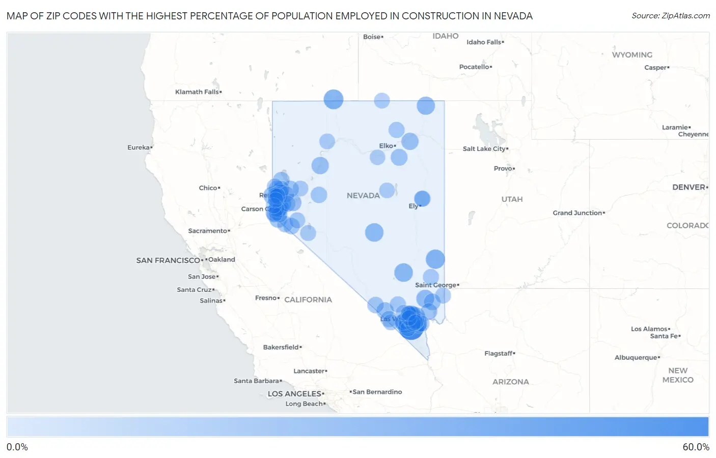 Zip Codes with the Highest Percentage of Population Employed in Construction in Nevada Map