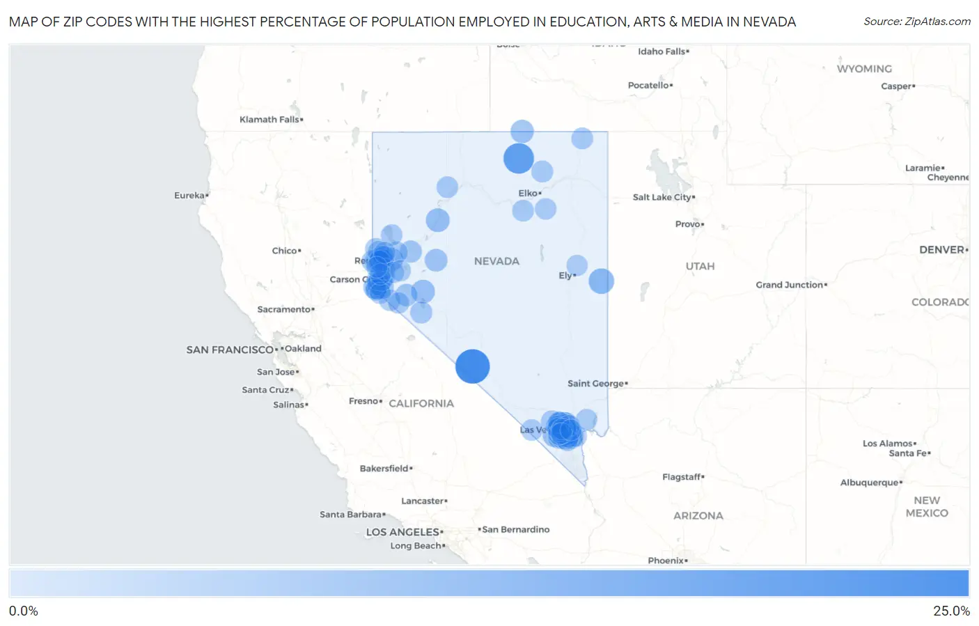 Zip Codes with the Highest Percentage of Population Employed in Education, Arts & Media in Nevada Map