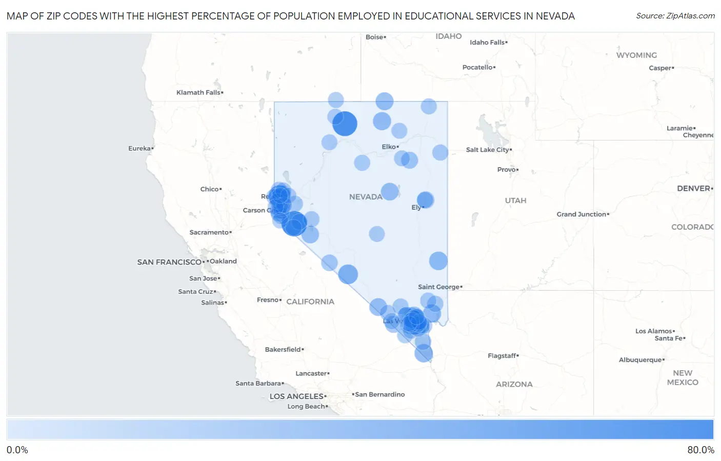 Zip Codes with the Highest Percentage of Population Employed in Educational Services in Nevada Map
