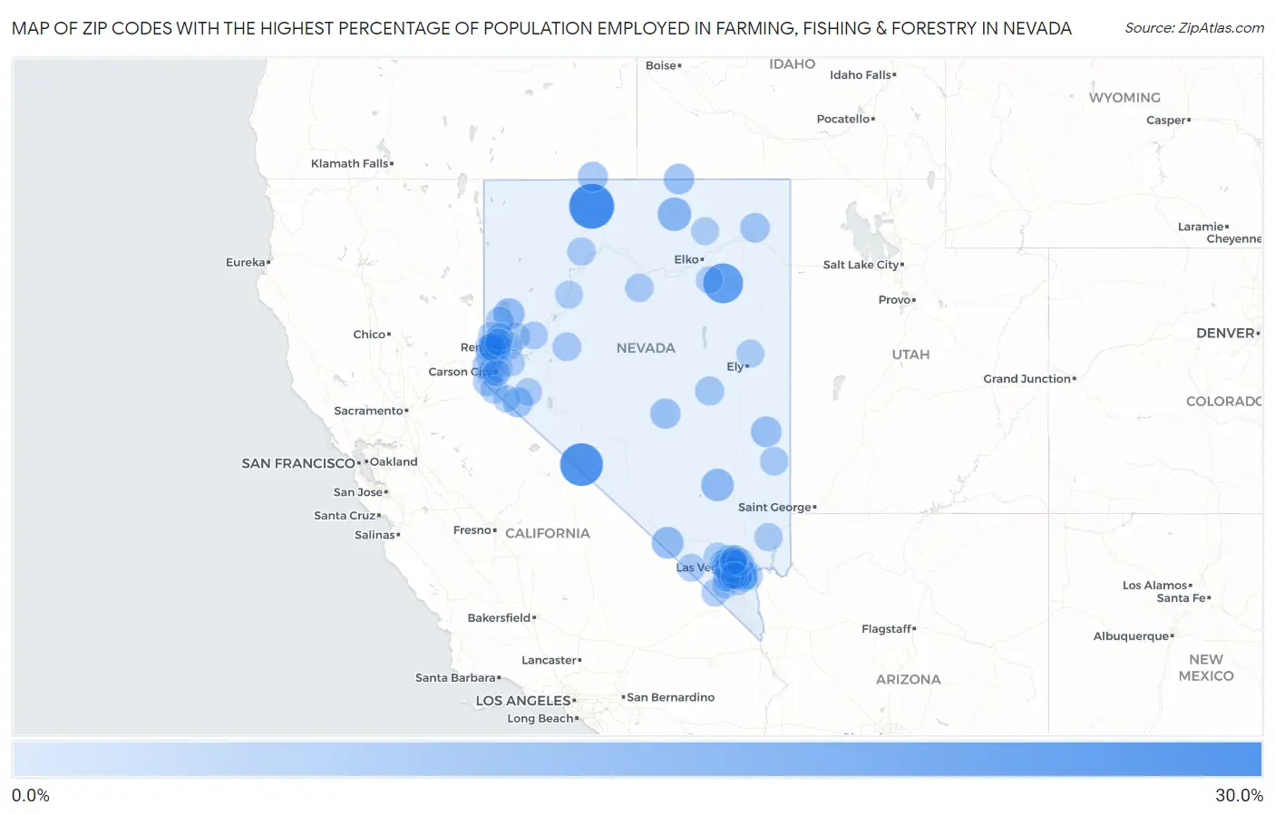 Zip Codes with the Highest Percentage of Population Employed in Farming, Fishing & Forestry in Nevada Map