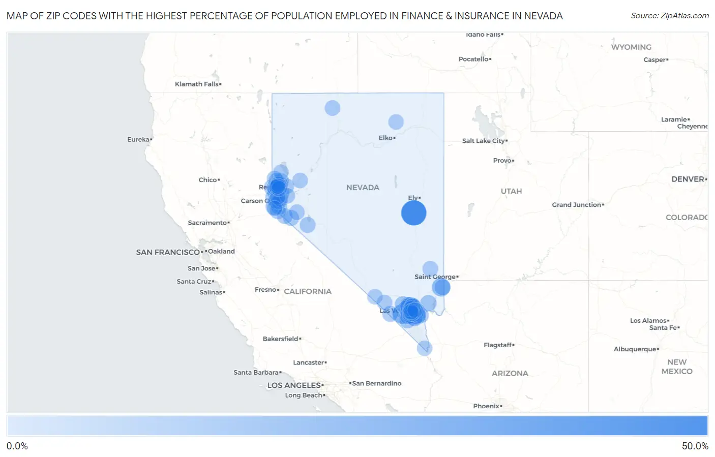 Zip Codes with the Highest Percentage of Population Employed in Finance & Insurance in Nevada Map