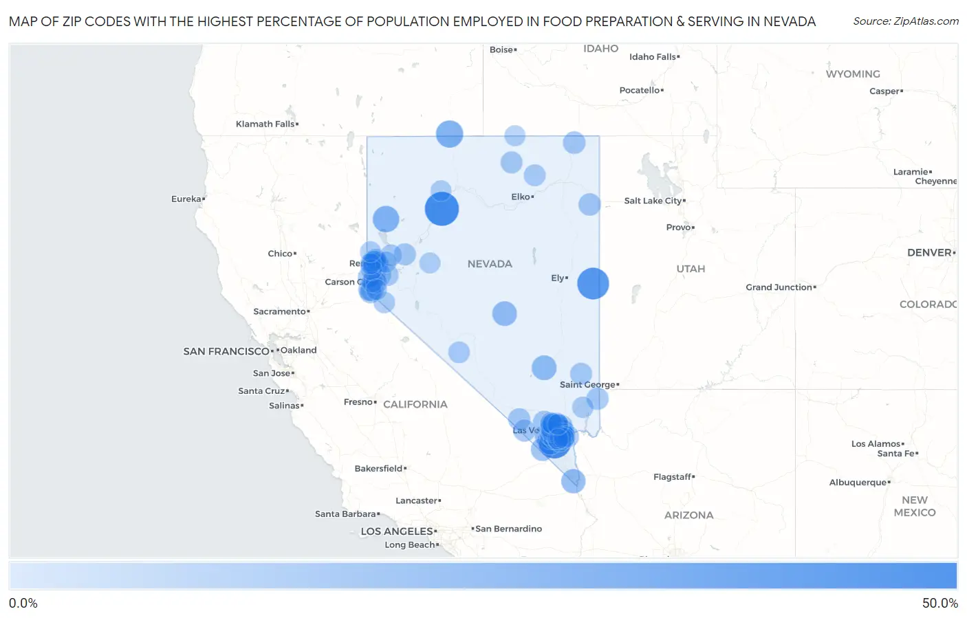 Zip Codes with the Highest Percentage of Population Employed in Food Preparation & Serving in Nevada Map