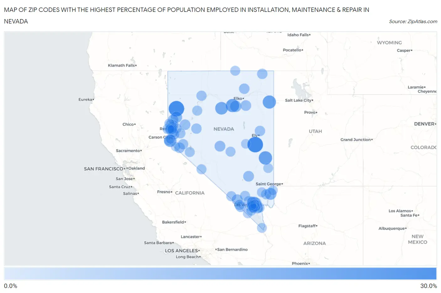 Zip Codes with the Highest Percentage of Population Employed in Installation, Maintenance & Repair in Nevada Map