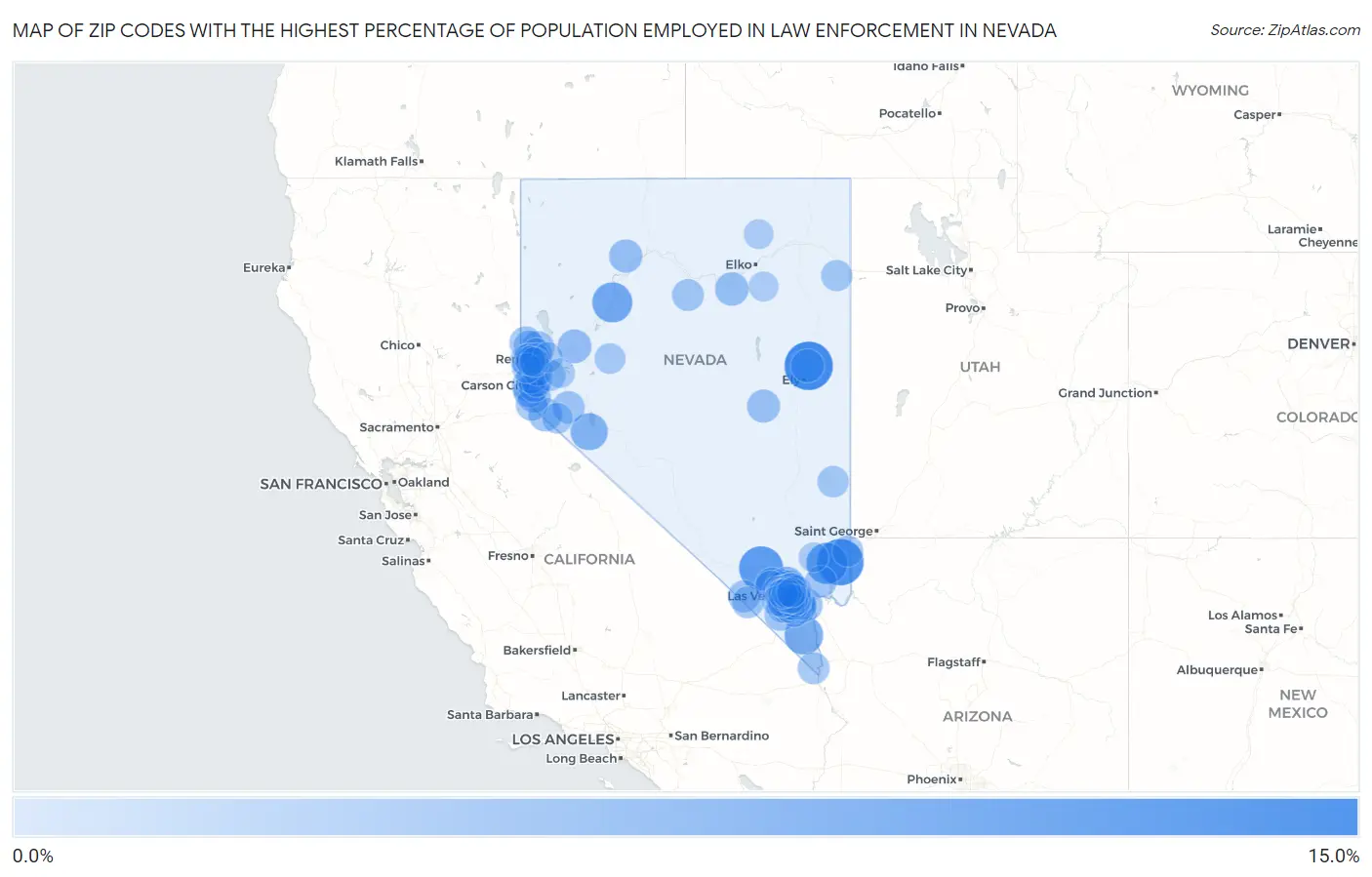 Zip Codes with the Highest Percentage of Population Employed in Law Enforcement in Nevada Map