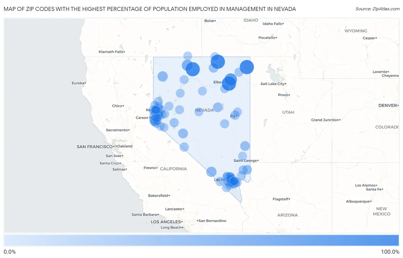 Zip Codes with the Highest Percentage of Population Employed in Management in Nevada Map