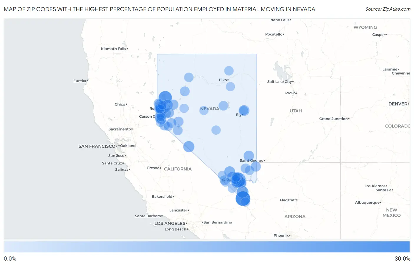 Zip Codes with the Highest Percentage of Population Employed in Material Moving in Nevada Map