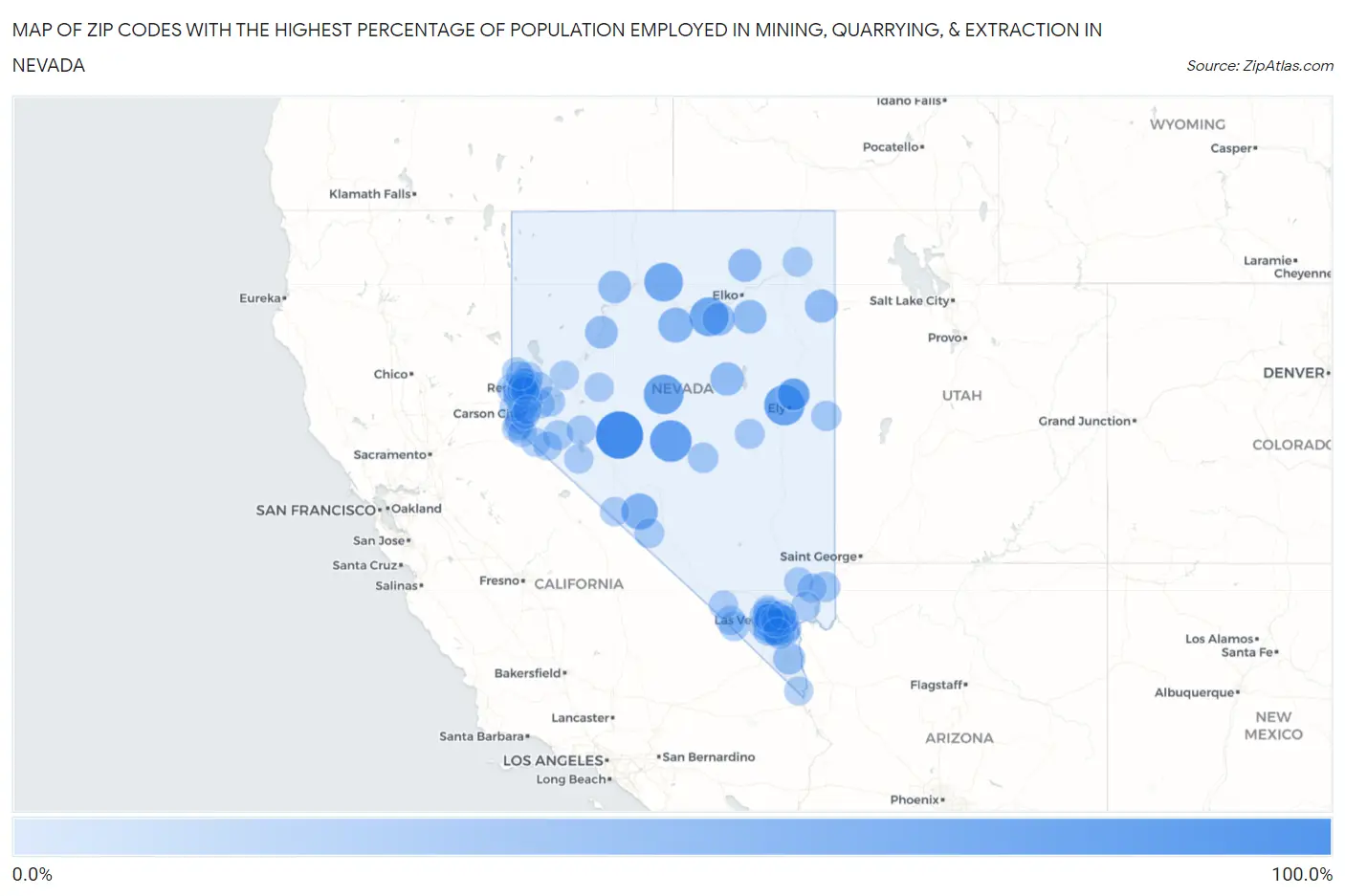 Zip Codes with the Highest Percentage of Population Employed in Mining, Quarrying, & Extraction in Nevada Map