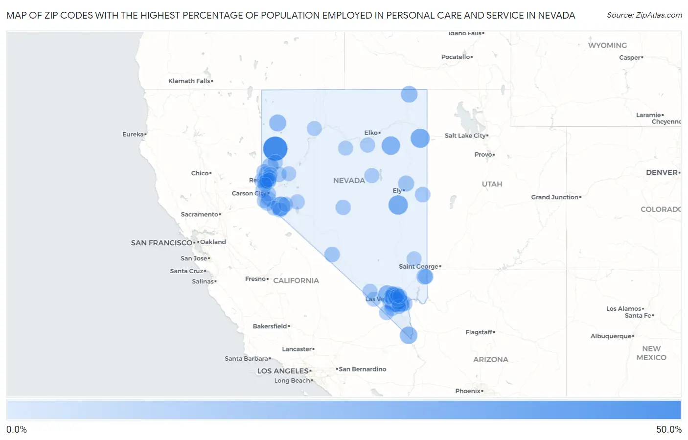 Zip Codes with the Highest Percentage of Population Employed in Personal Care and Service in Nevada Map
