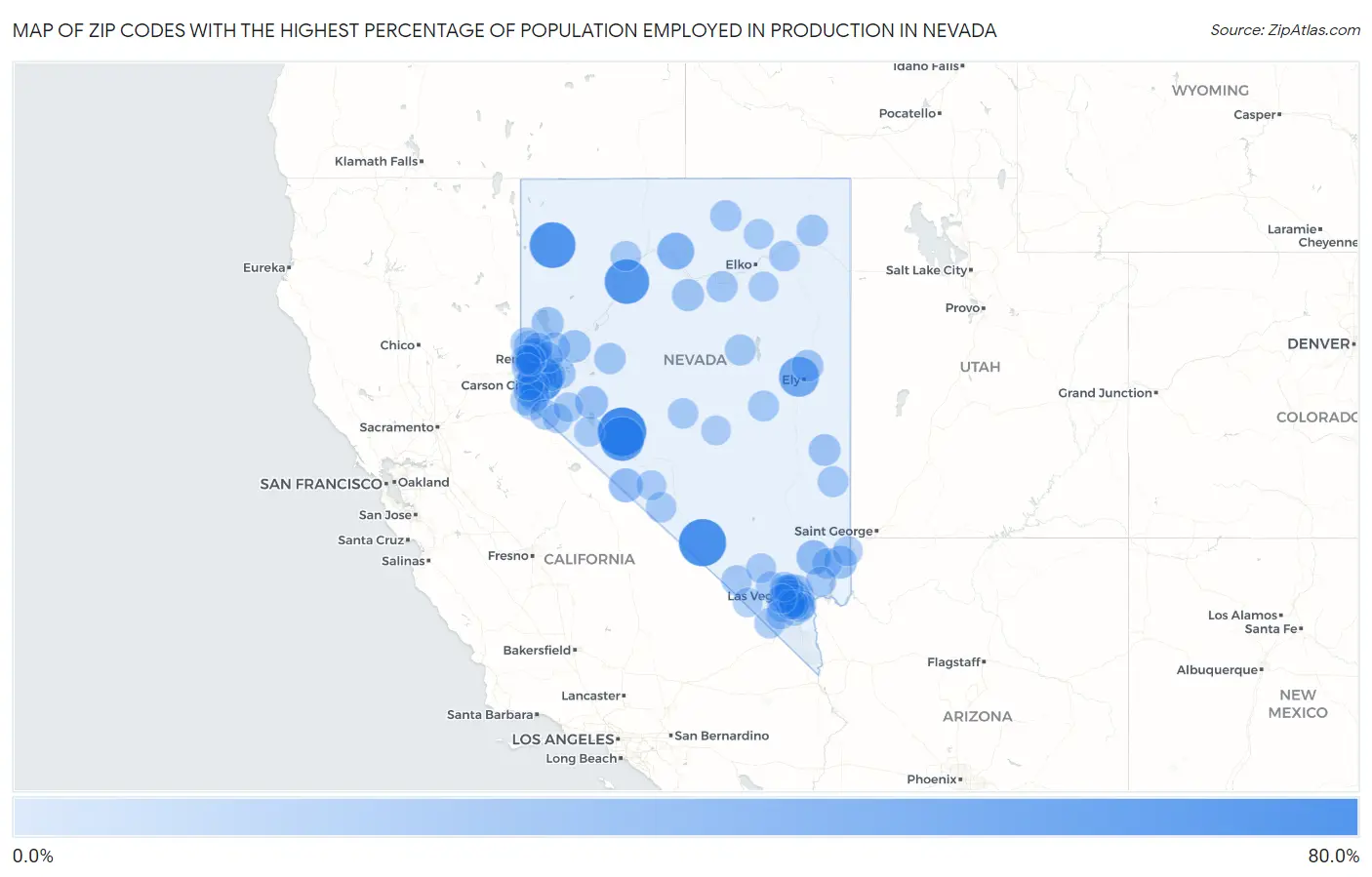 Zip Codes with the Highest Percentage of Population Employed in Production in Nevada Map