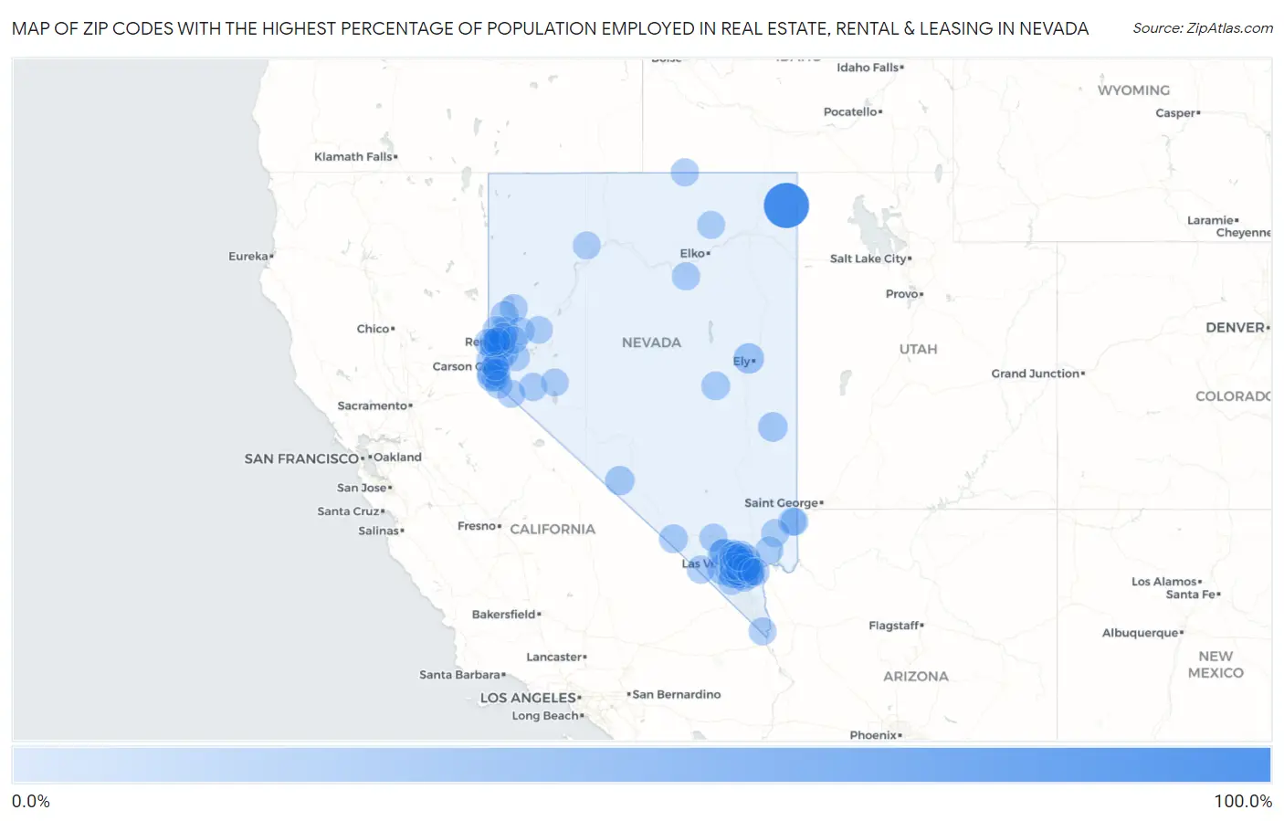 Zip Codes with the Highest Percentage of Population Employed in Real Estate, Rental & Leasing in Nevada Map