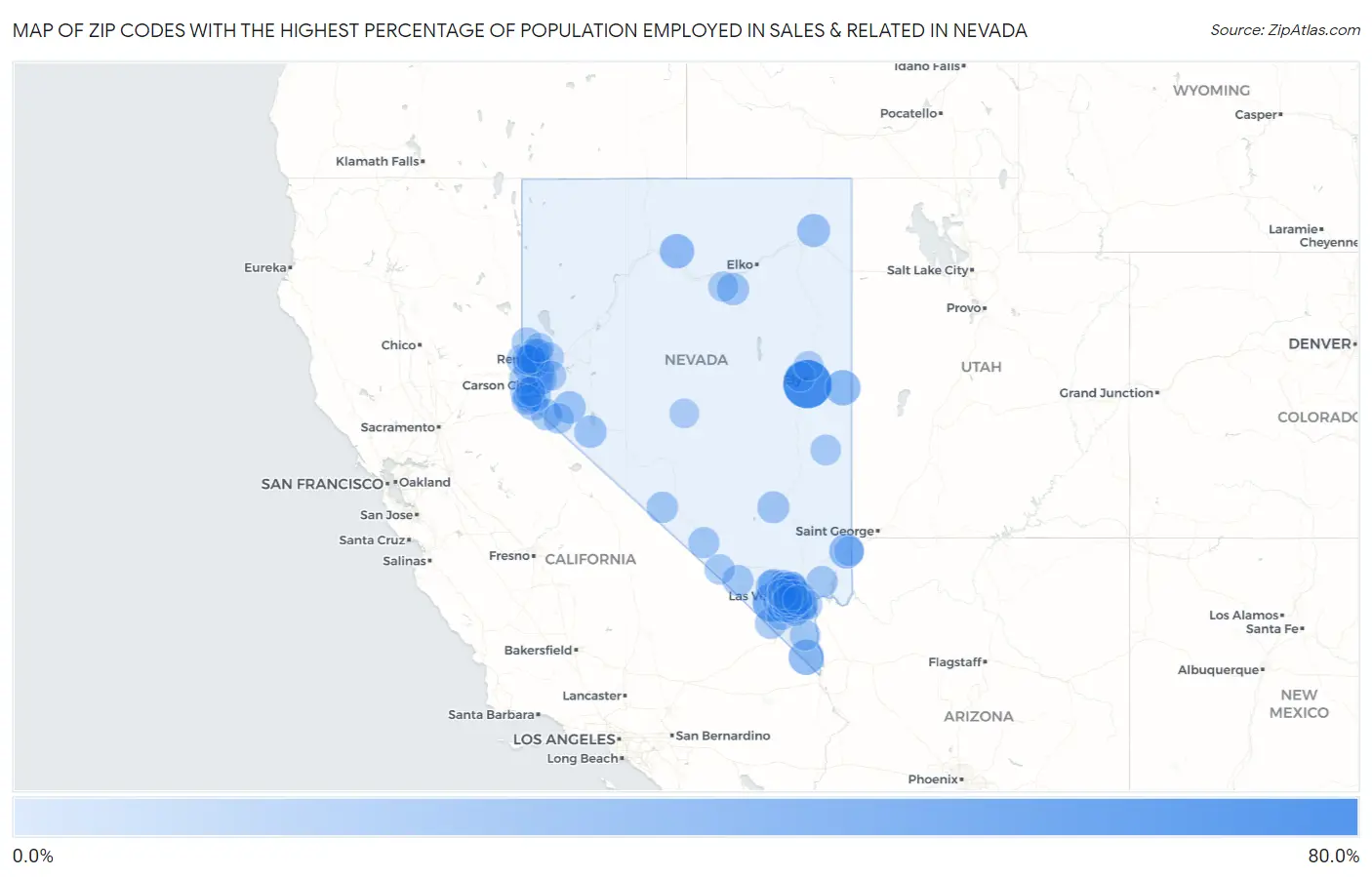 Zip Codes with the Highest Percentage of Population Employed in Sales & Related in Nevada Map