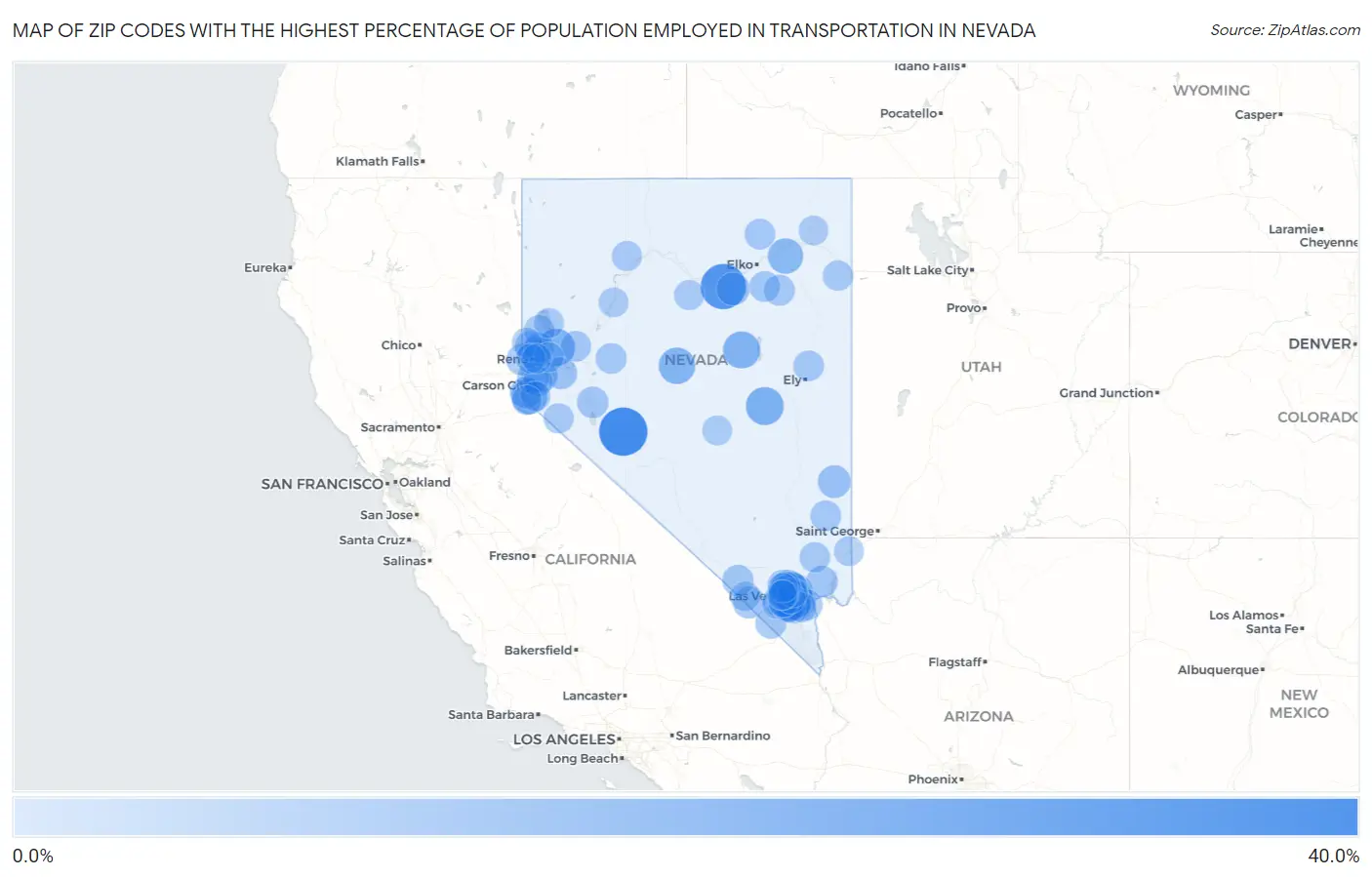 Zip Codes with the Highest Percentage of Population Employed in Transportation in Nevada Map