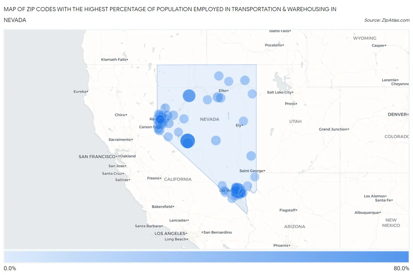 Zip Codes with the Highest Percentage of Population Employed in Transportation & Warehousing in Nevada Map