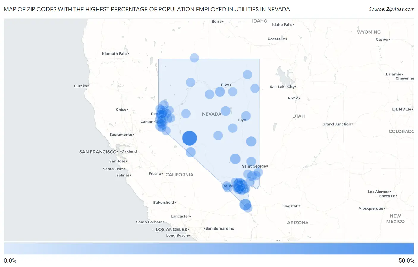 Zip Codes with the Highest Percentage of Population Employed in Utilities in Nevada Map