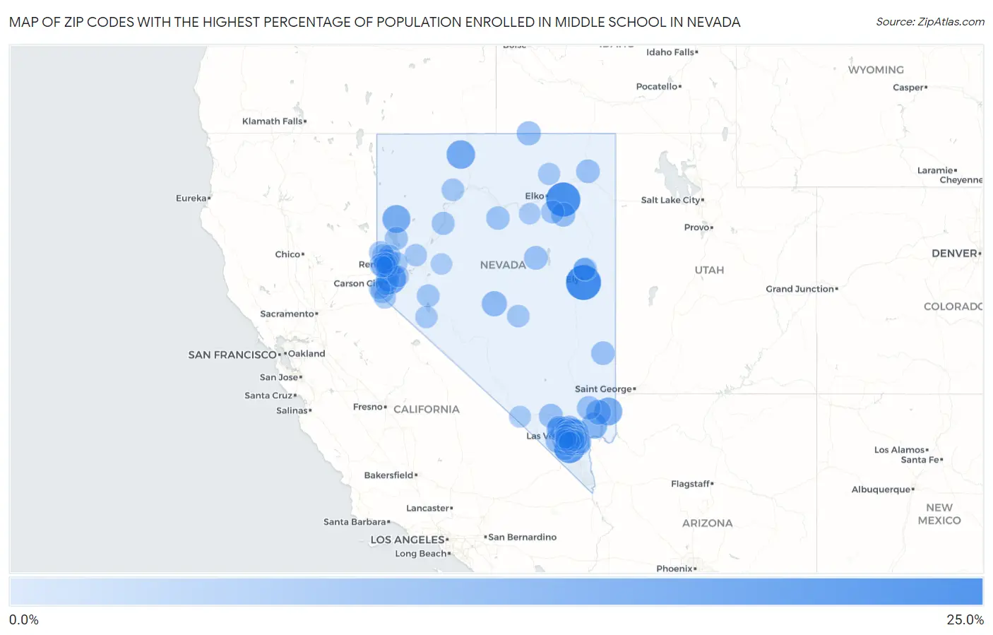 Zip Codes with the Highest Percentage of Population Enrolled in Middle School in Nevada Map