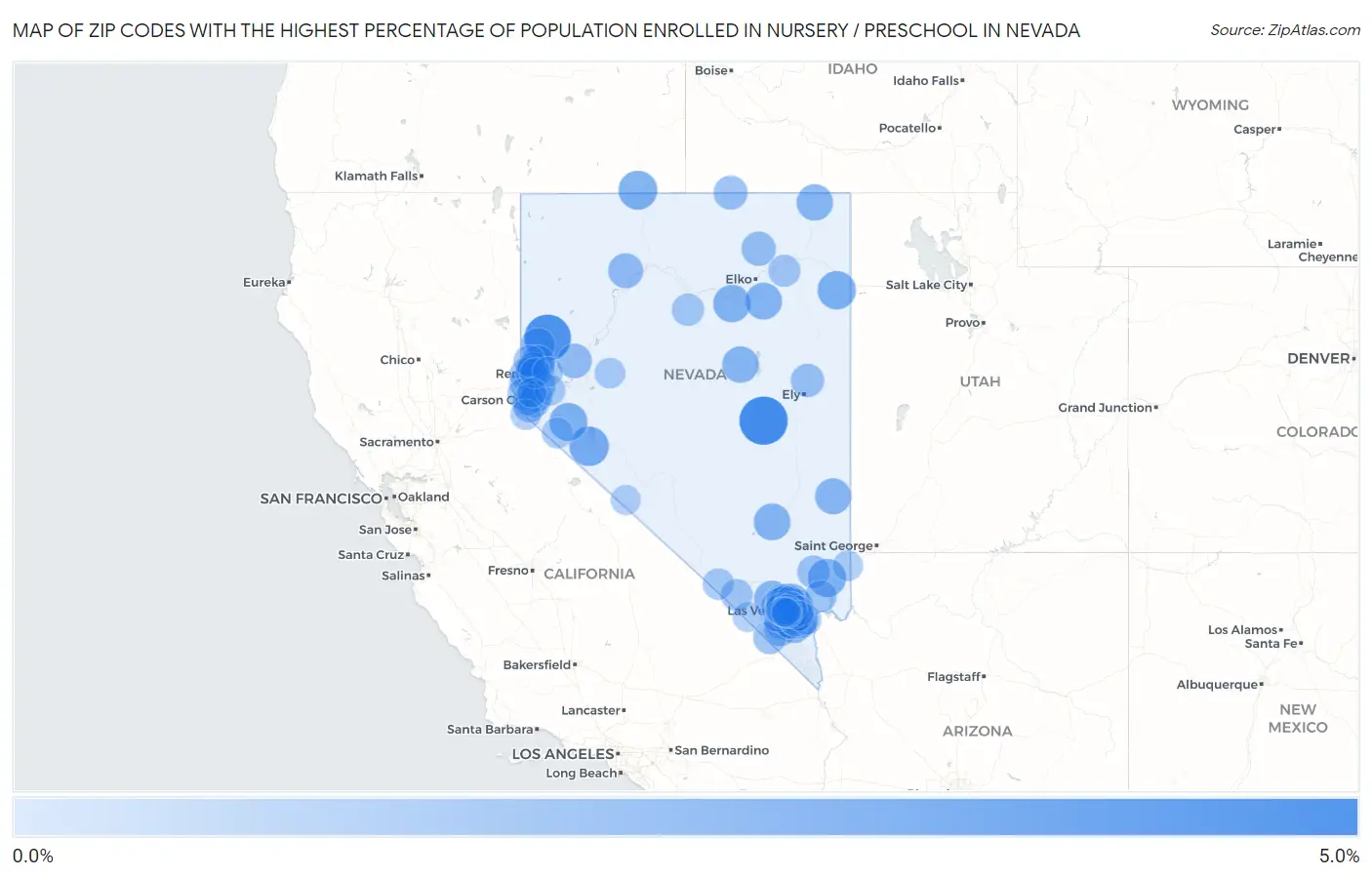Zip Codes with the Highest Percentage of Population Enrolled in Nursery / Preschool in Nevada Map