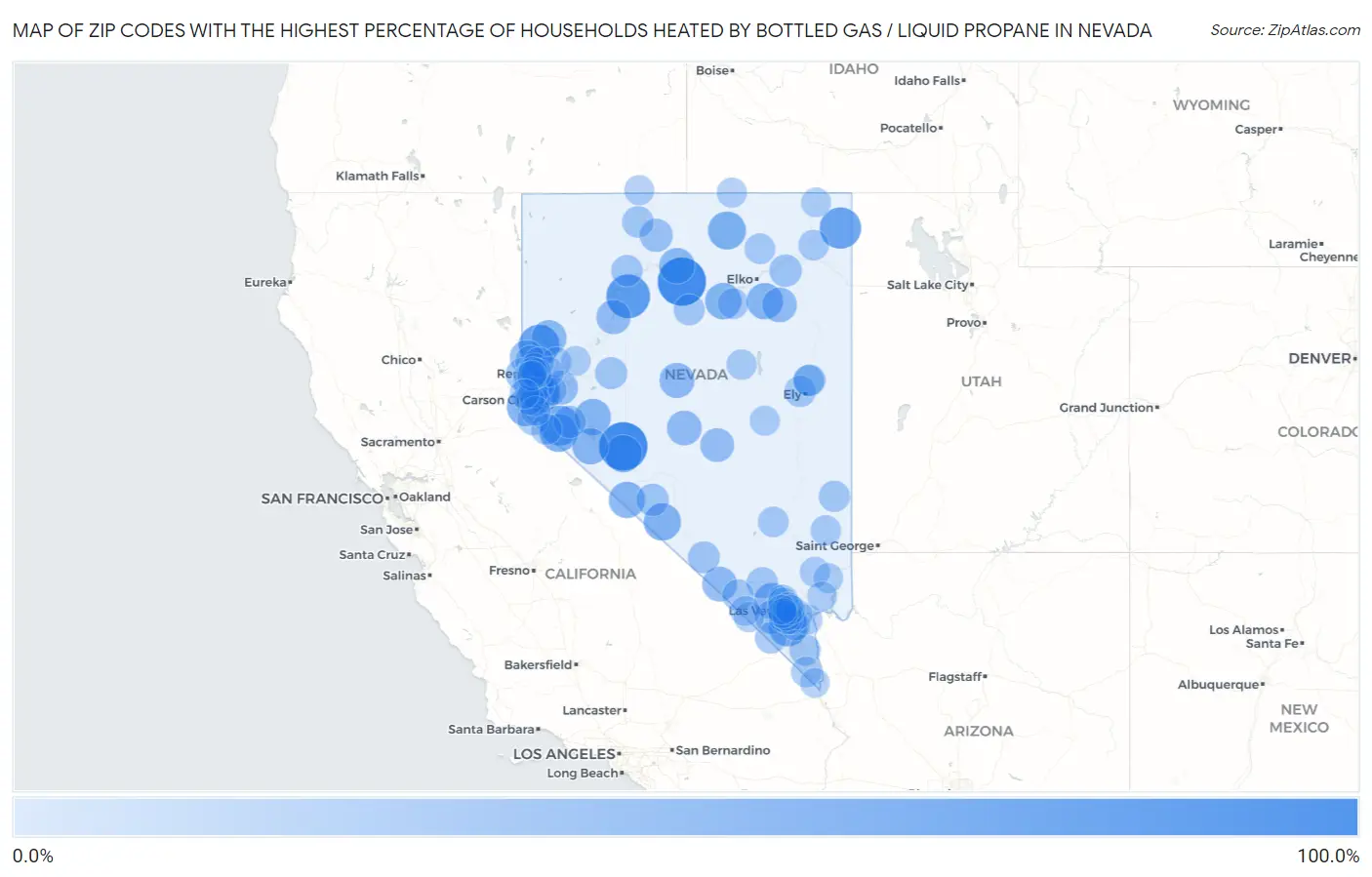 Zip Codes with the Highest Percentage of Households Heated by Bottled Gas / Liquid Propane in Nevada Map