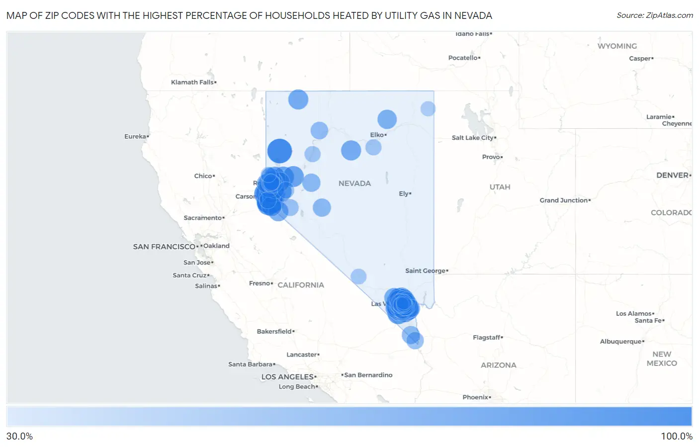 Zip Codes with the Highest Percentage of Households Heated by Utility Gas in Nevada Map