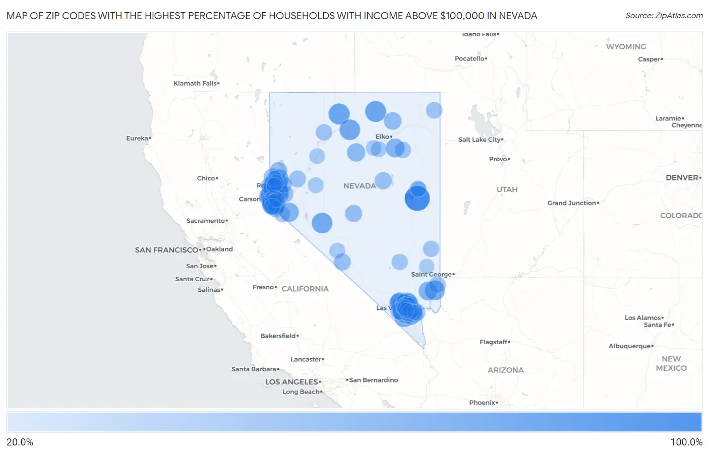 Zip Codes with the Highest Percentage of Households with Income Above $100,000 in Nevada Map