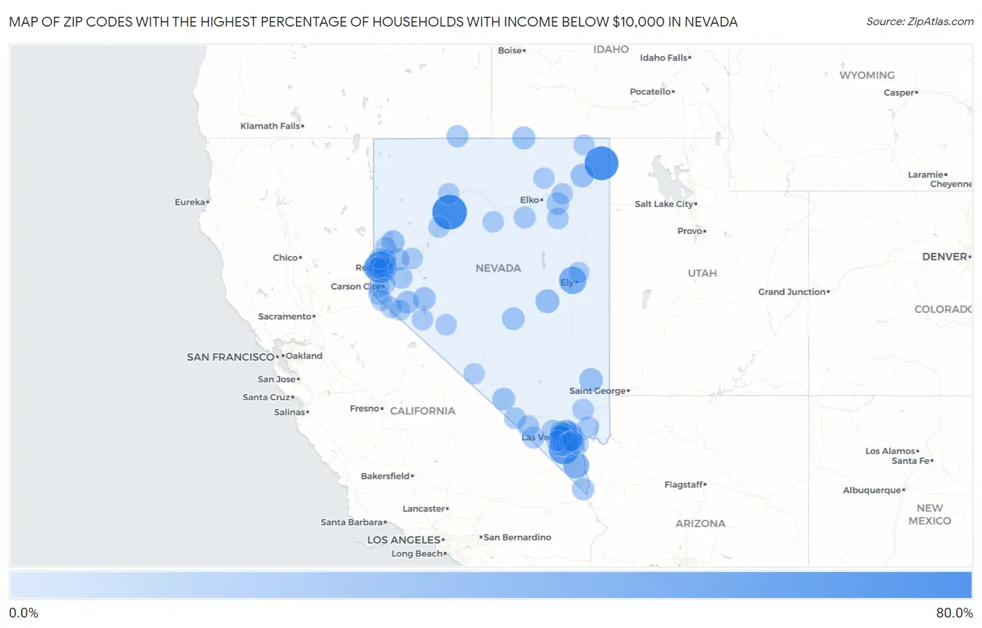 Zip Codes with the Highest Percentage of Households with Income Below $10,000 in Nevada Map