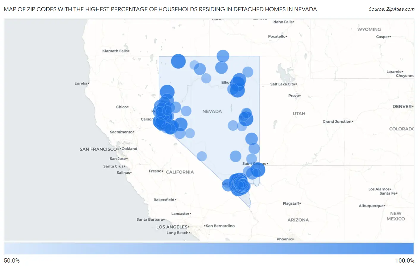 Zip Codes with the Highest Percentage of Households Residing in Detached Homes in Nevada Map