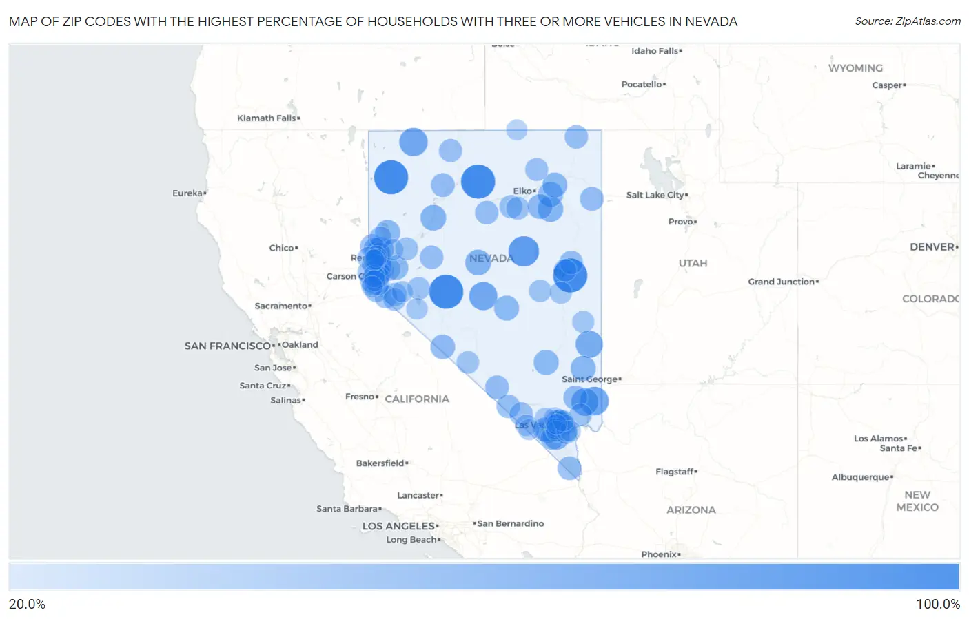 Zip Codes with the Highest Percentage of Households With Three or more Vehicles in Nevada Map