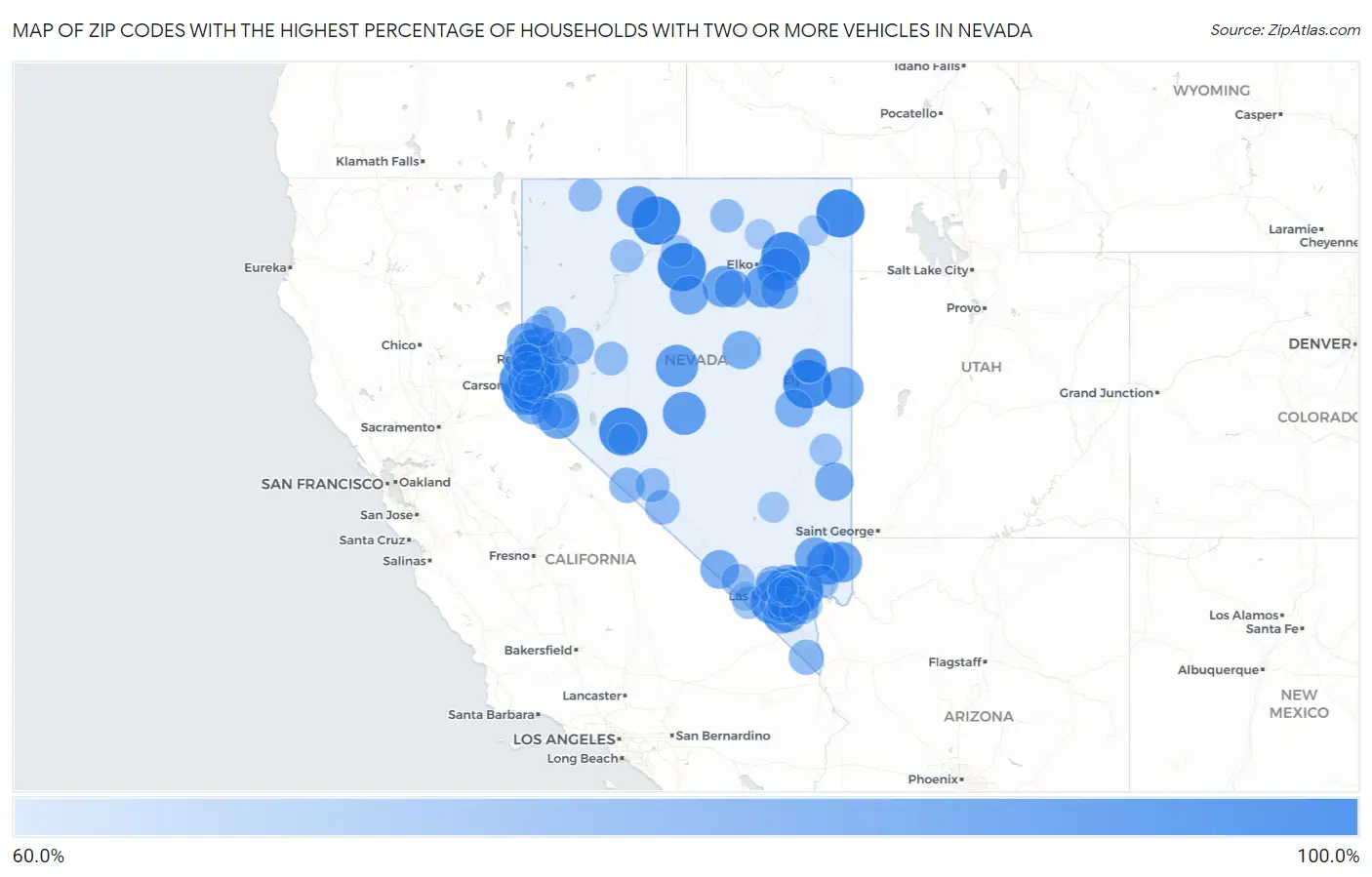 Zip Codes with the Highest Percentage of Households With Two or more Vehicles in Nevada Map