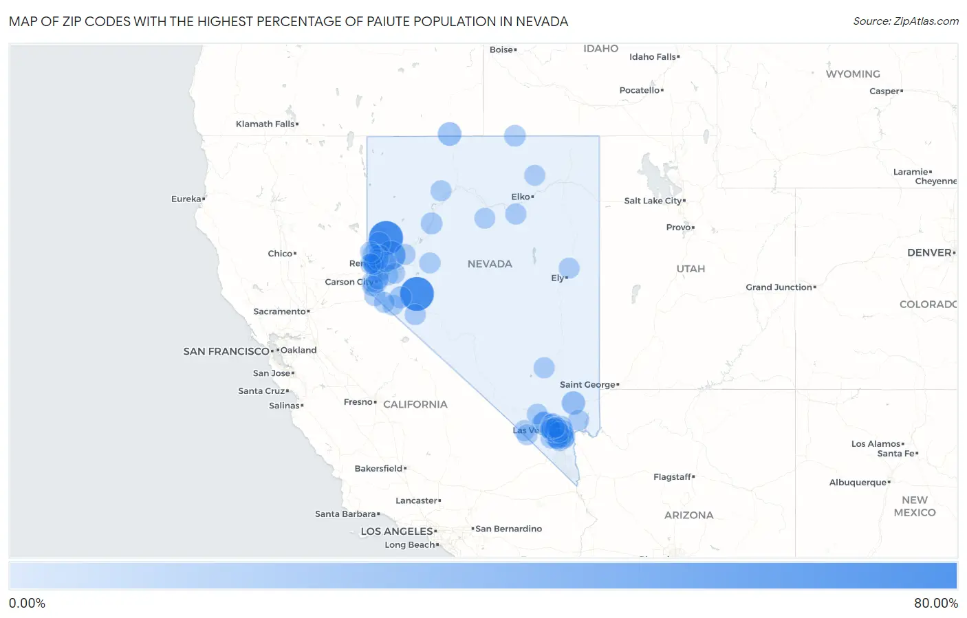 Zip Codes with the Highest Percentage of Paiute Population in Nevada Map
